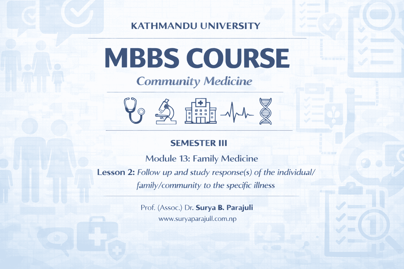 Follow up and study response(s) of the individual /family/community to the specific illness